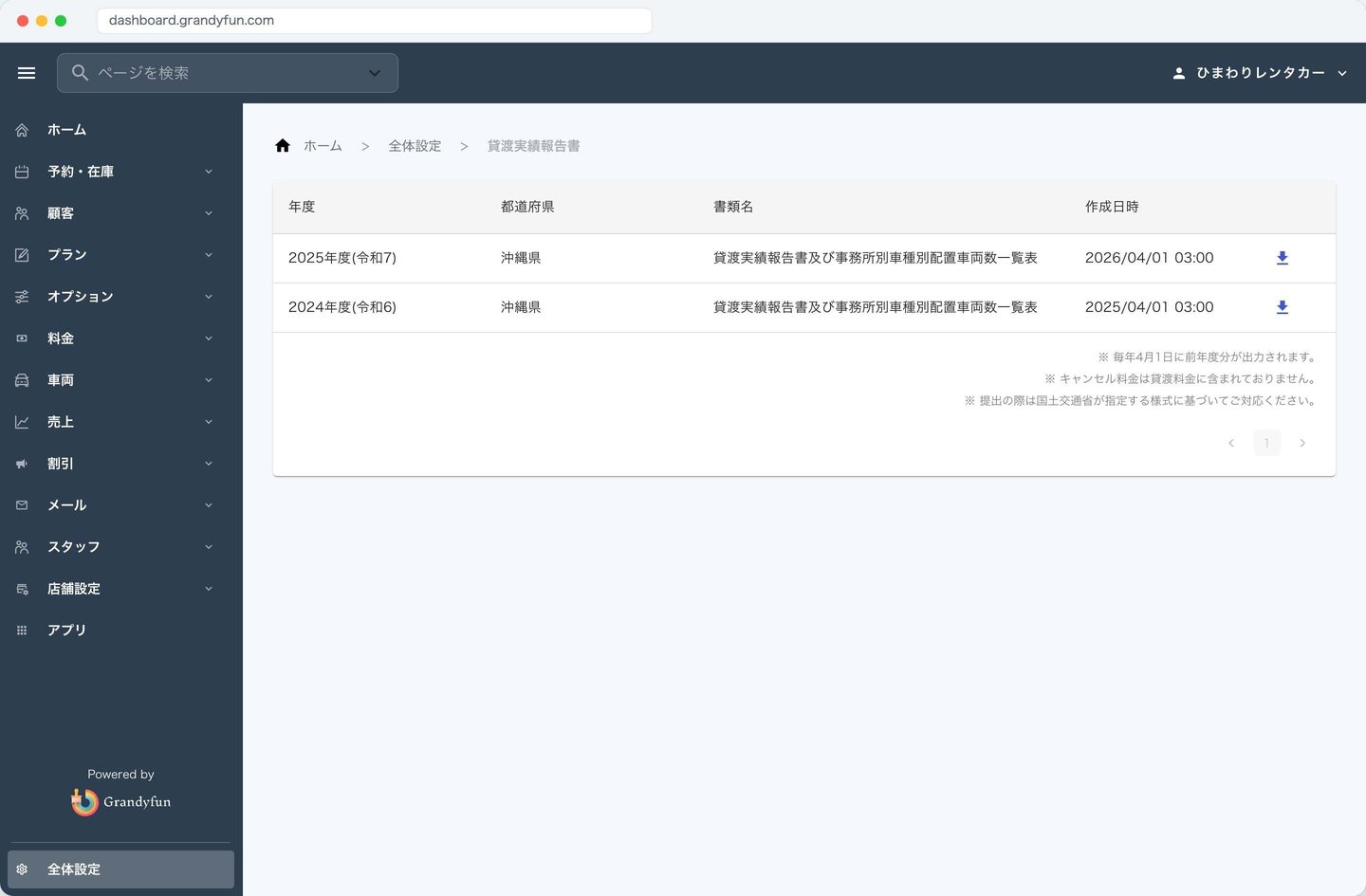 貸渡実績報告書の一覧画面。年度ごとの報告書をダウンロードできる